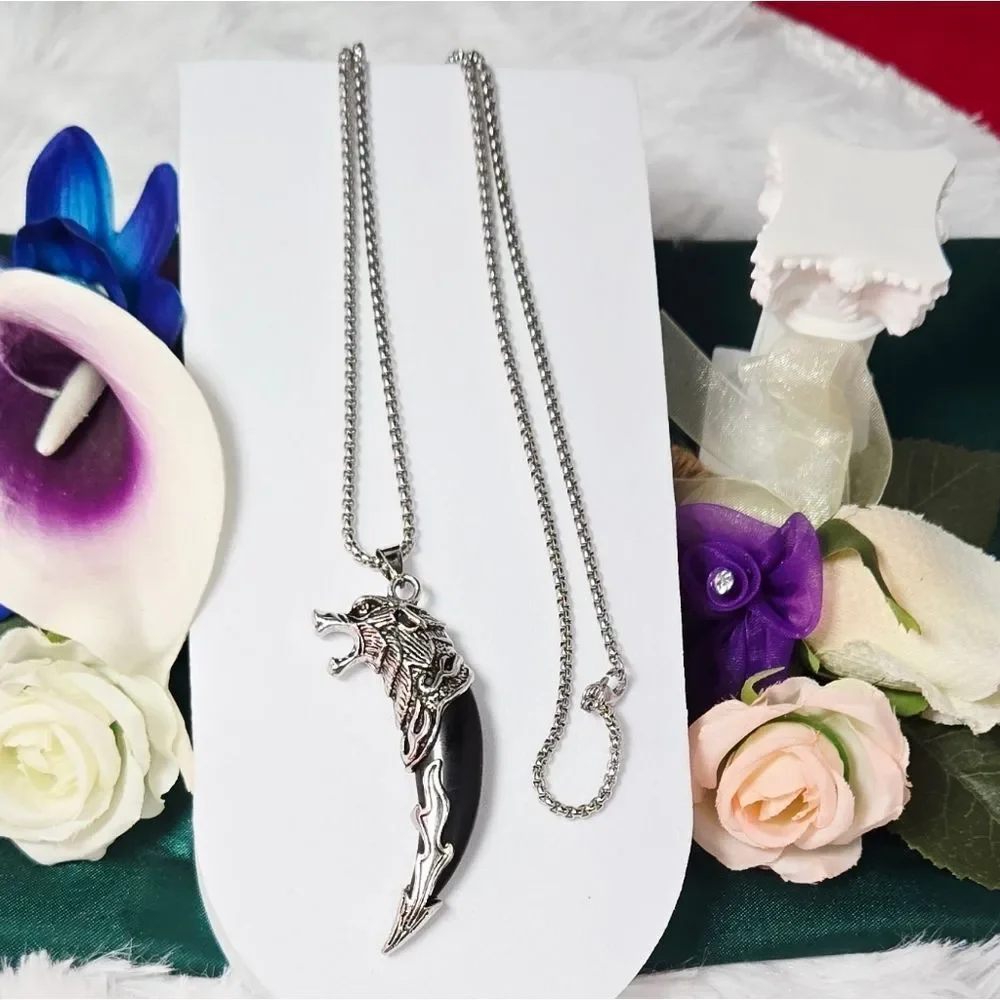 Viking Wolf Head Tooth Necklace Black Fang 24” Stainless Steel Nordic Biker Gift